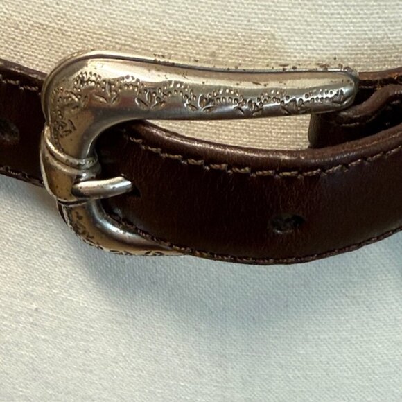 Fossil Skinny Belt Brown Leather Womens S Ornate Silver Metal Buckle and Keeper - Picture 5 of 11